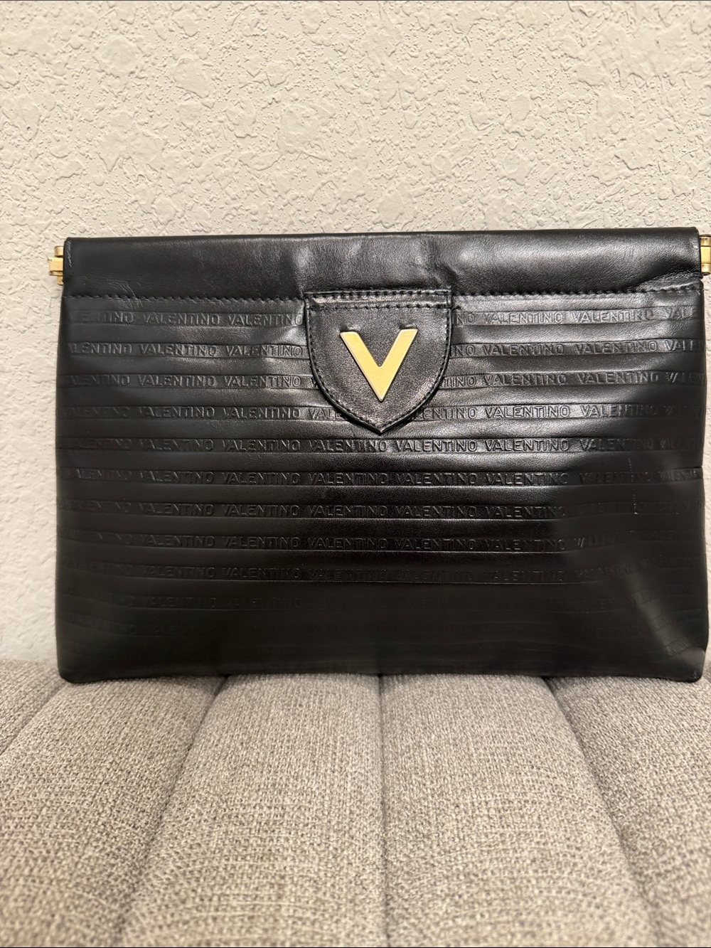 Valentino Black Leather Envelope Clutch with Gold V Emblem